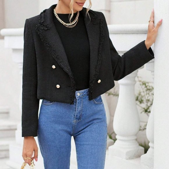 Fringe Trim Double Breasted Crop Blazer Black - Picture 1 of 5